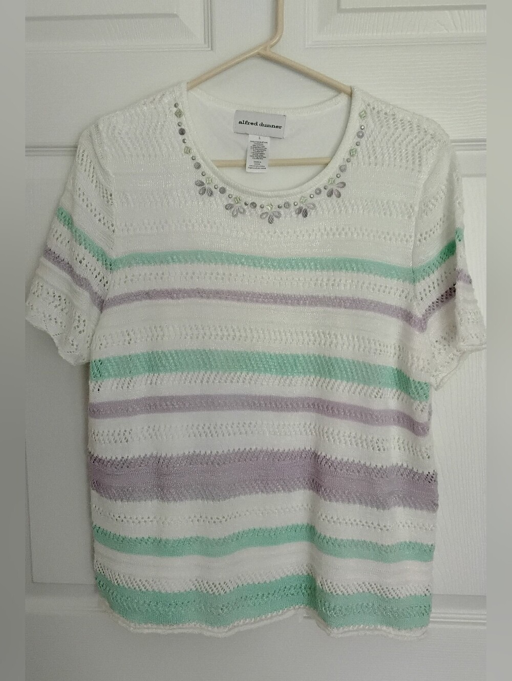 Womens Alfred Dunner White Knit Short-Sleeve Top with Mint & Lilac Stripes